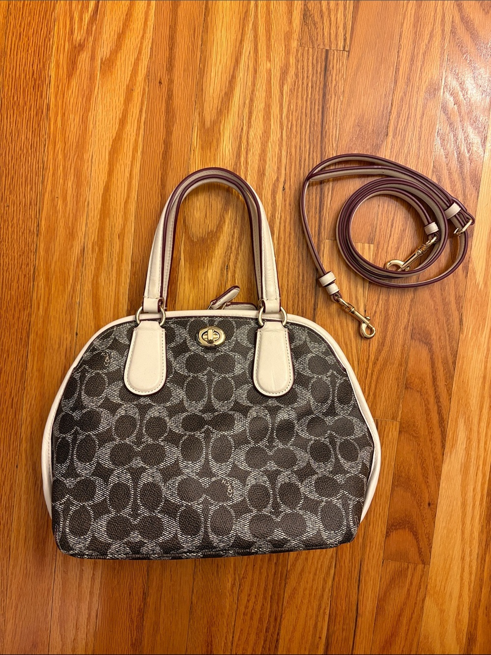 Coach Brown Monogram Satchel with Cream Trim and Maroon Strap